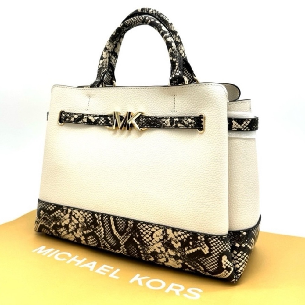 Michael Kors Reed Large Belted Satchel Crossbody Bag Light Cream Snakeskin - Picture 2 of 11